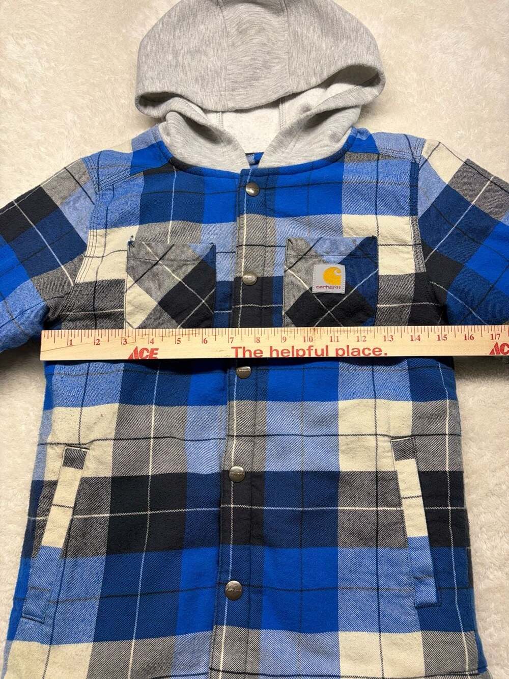 Carhartt Kids Flannel Snap-Front Hooded Shirt Jacket Azure Blue Plaid SMALL 7-8 - Picture 2 of 15